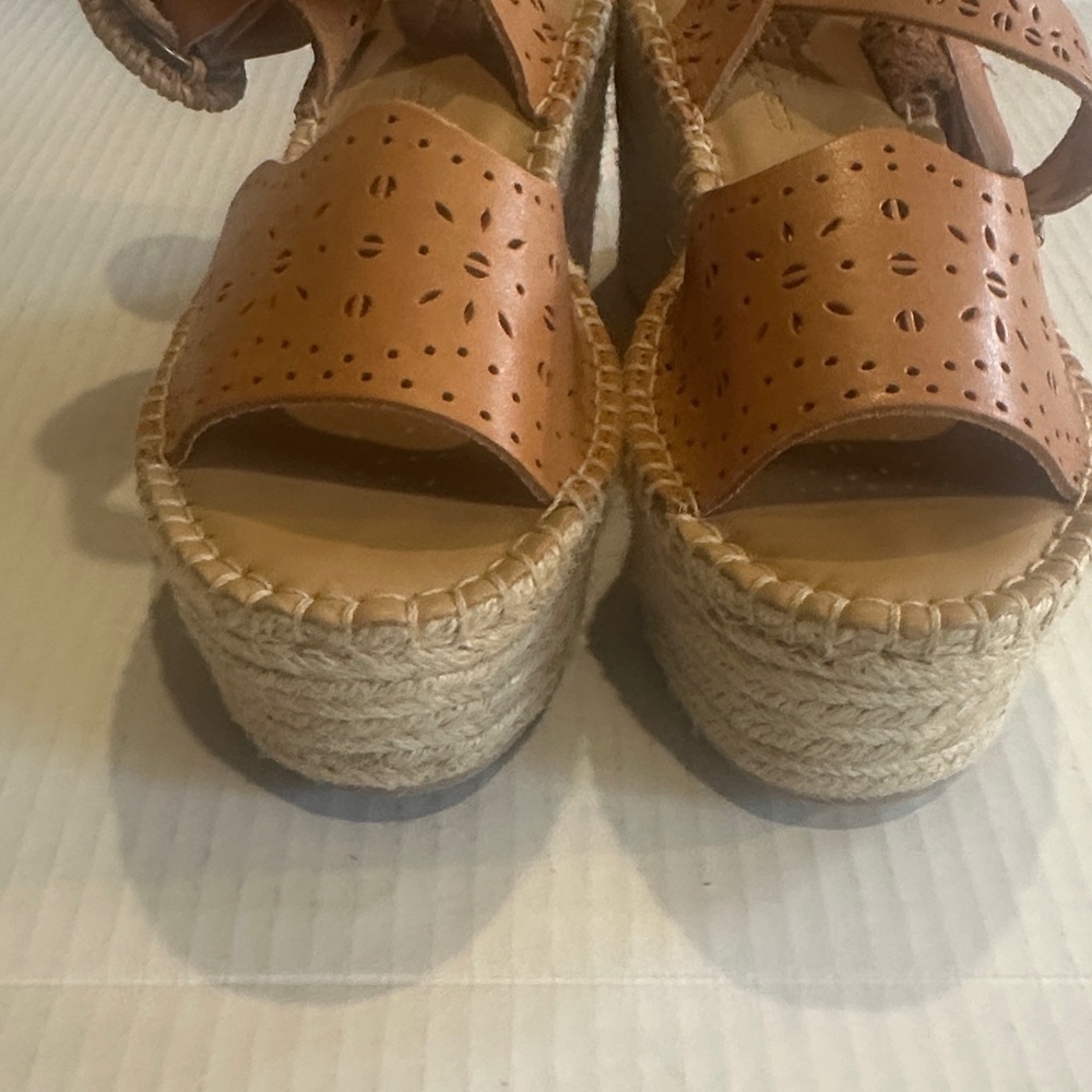 Soludos x Anthro laser tan Sofia Tan leather Woven Platform espadrille Sandals - Picture 6 of 13
